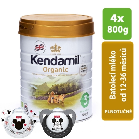 KENDAMIL 100% Bio/Organické plnotučné batolecí mléko 3 (4 x 800 g) + NUK Dudlík Disney-Mickey,SI,V2