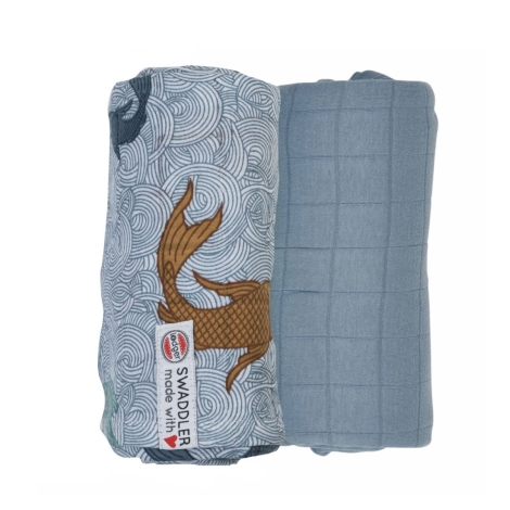LODGER Swaddler Empire Fish/Solid 2balení 120 x 120 cm Dusty Turquoise/Ocean