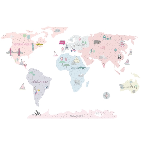 PASTELOWE LOVE Samolepka na zeď Mapa světa Pink L