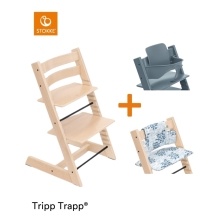 STOKKE Zvýhodněný set Tripp Trapp Židlička Natural + Polstrování Waves Blue + Baby set Fjord Blue