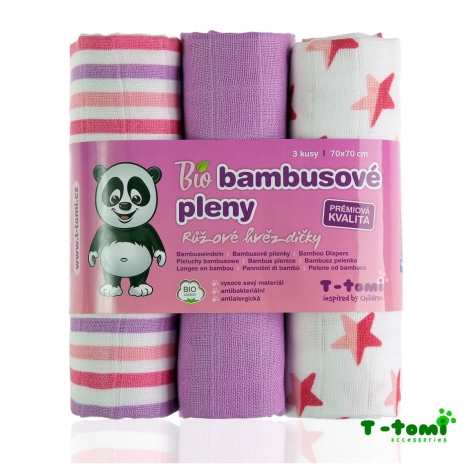 T-TOMI Bio bambusové pleny 3ks Růžové hvězdičky